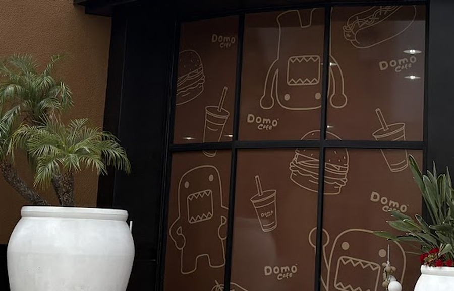 Domo Cafe Buena Park frosted windows with Domo line art